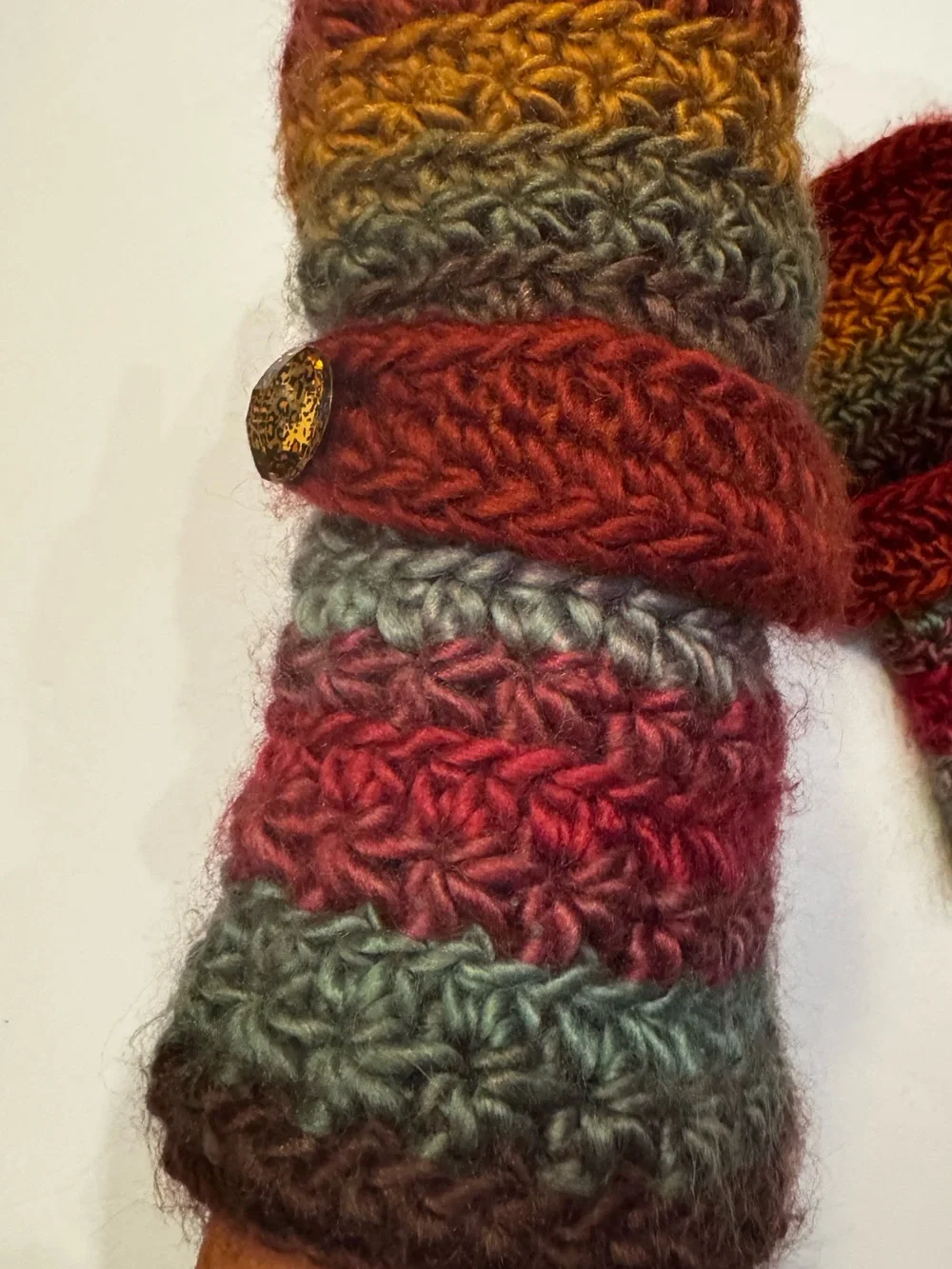 Handmade Handwarmers Crochet Striped Burgundy Blue Tan Mittens Womens